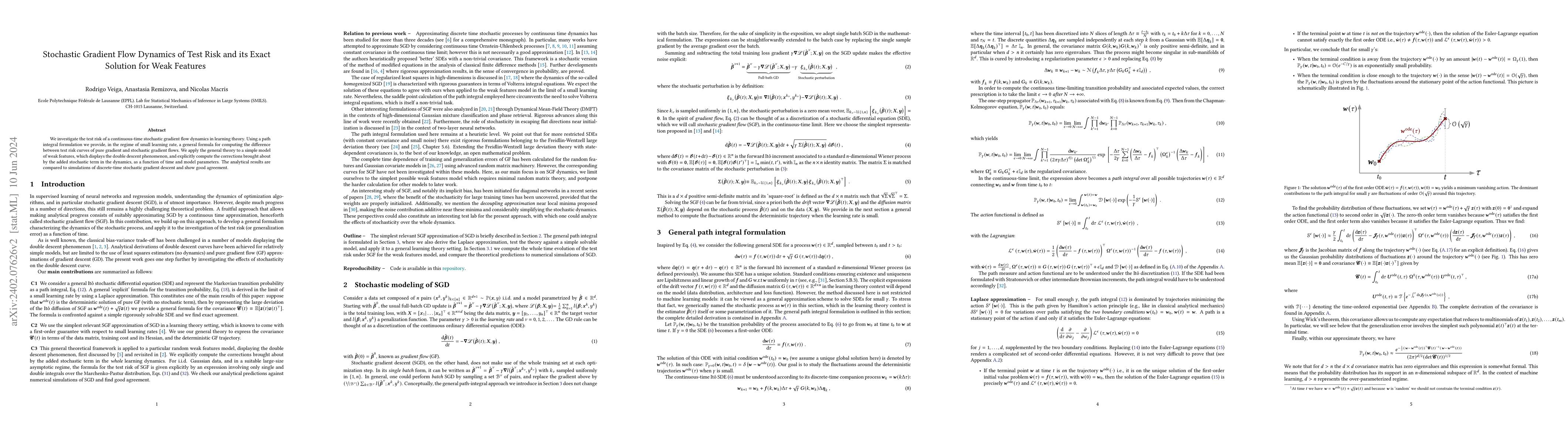 Thumbnail for Stochastic Gradient Flow Dynamics of Test Risk and its Exact Solution
  for Weak Features