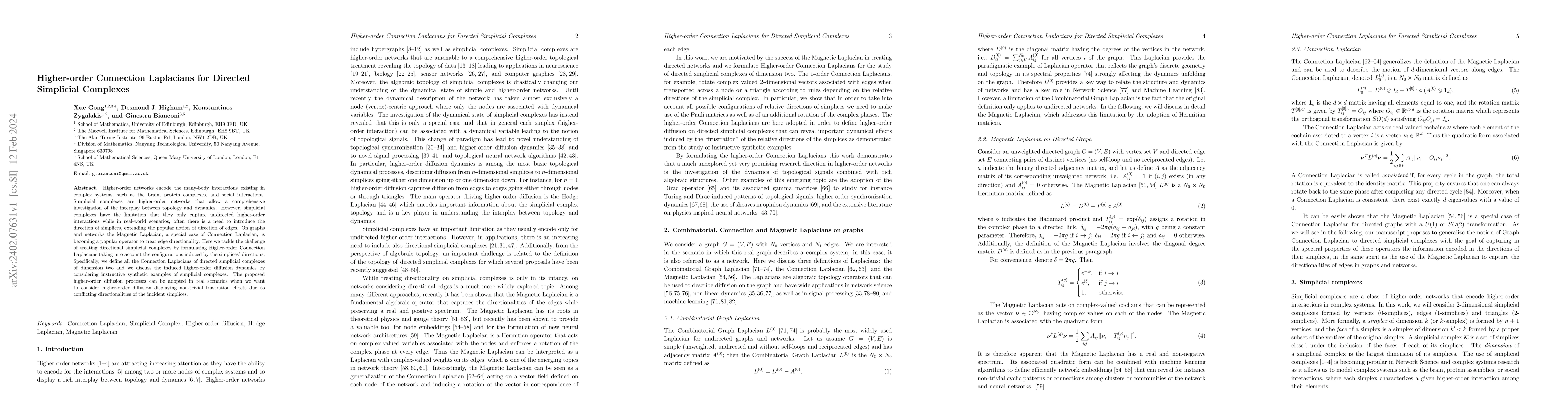 Thumbnail for Higher-order Connection Laplacians for Directed Simplicial Complexes