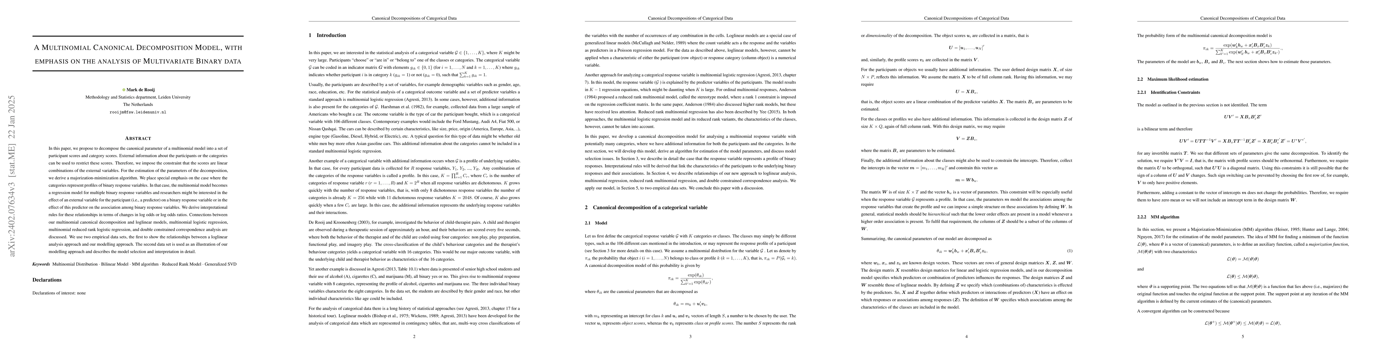 Thumbnail for A Multinomial Canonical Decomposition Model, with emphasis on the
  analysis of Multivariate Binary data