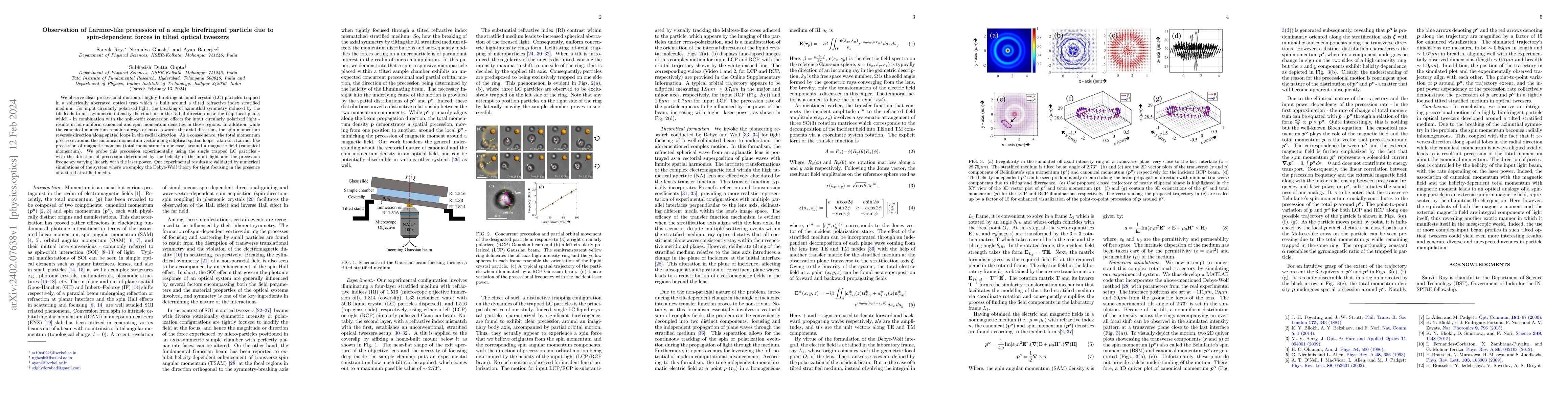 Thumbnail for Observation of Larmor-like precession of a single birefringent particle
  due to spin-dependent forces in tilted optical tweezers