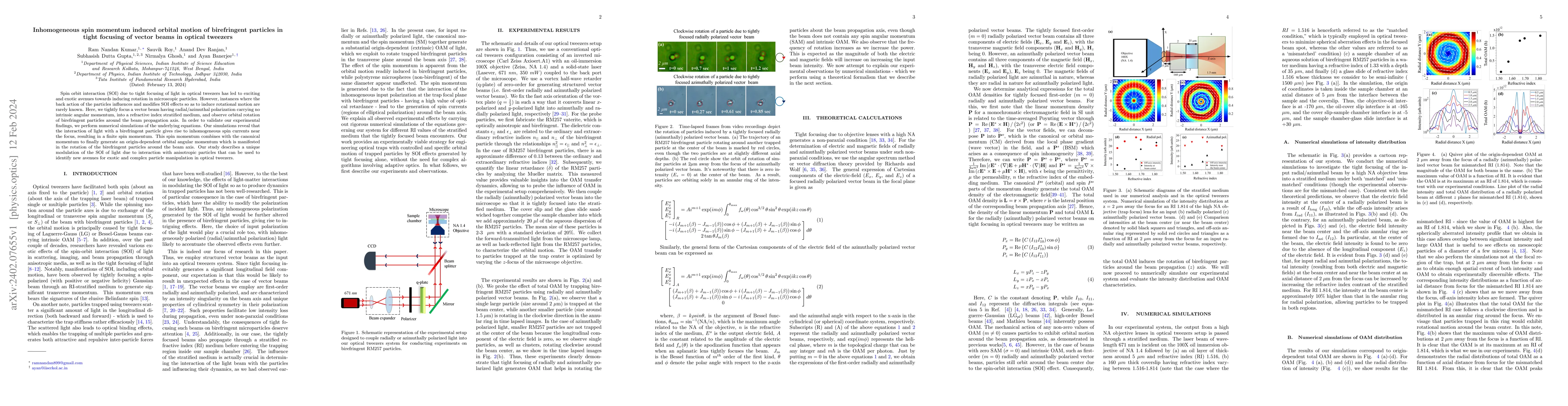 Thumbnail for Inhomogeneous spin momentum induced orbital motion of birefringent
  particles in tight focusing of vector beams in optical tweezers