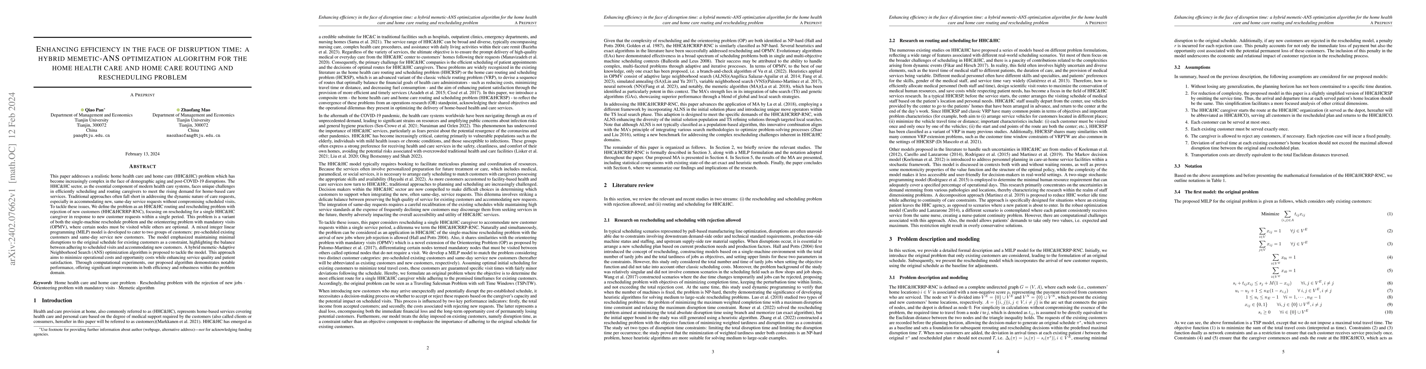 Thumbnail for A hybrid memetic-ANS optimization algorithm for the home health care and
  home care routing and re