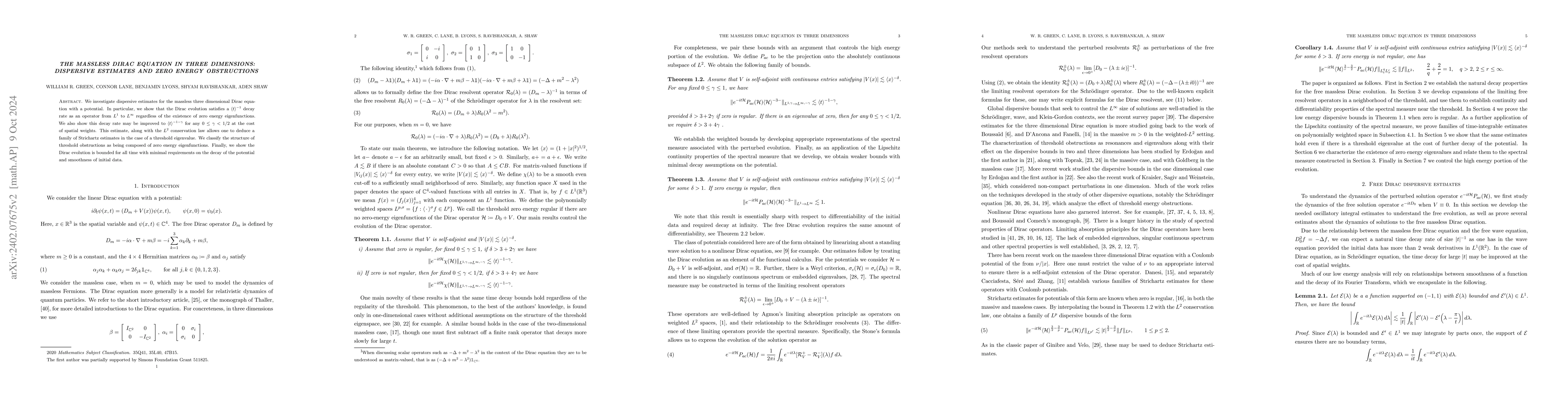 Thumbnail for The Massless Dirac Equation in Three Dimensions: Dispersive estimates
  and zero energy obstructions
