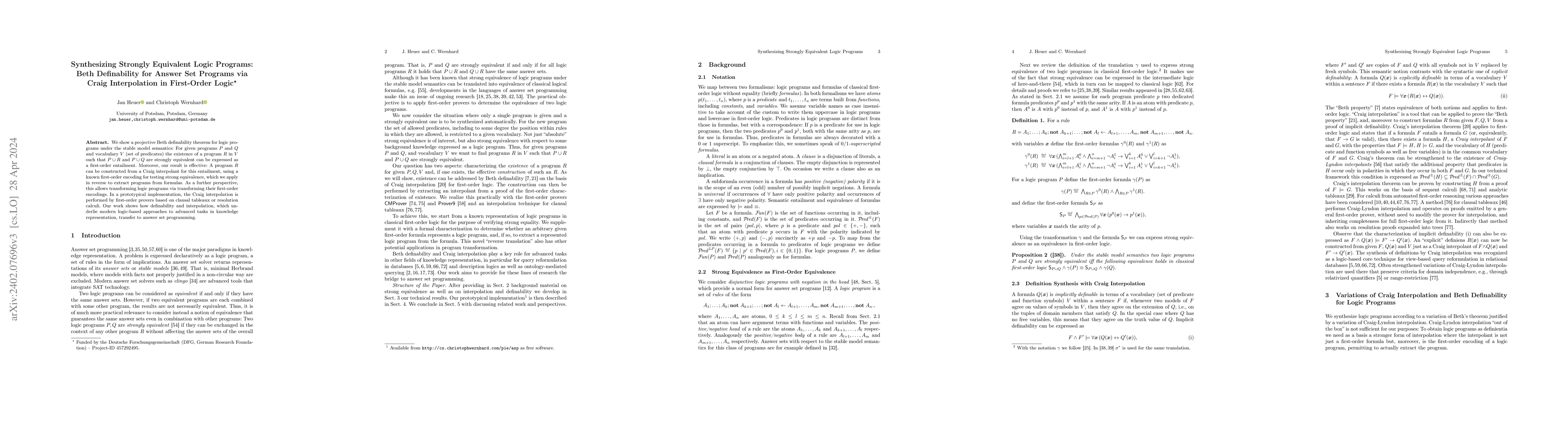 Thumbnail for Synthesizing Strongly Equivalent Logic Programs: Beth Definability for
  Answer Set Programs via Craig Interpolation in First-Order Logic