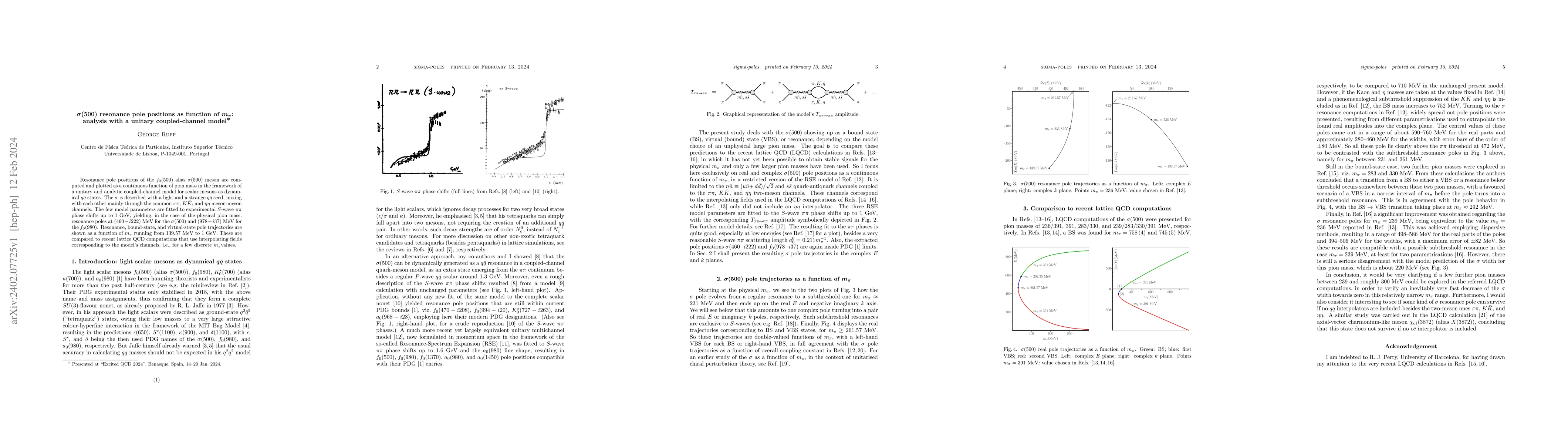 Thumbnail for $\sigma(500)$ resonance pole positions as function of $m_\pi$: analysis
  with a unitary coupled-channel model