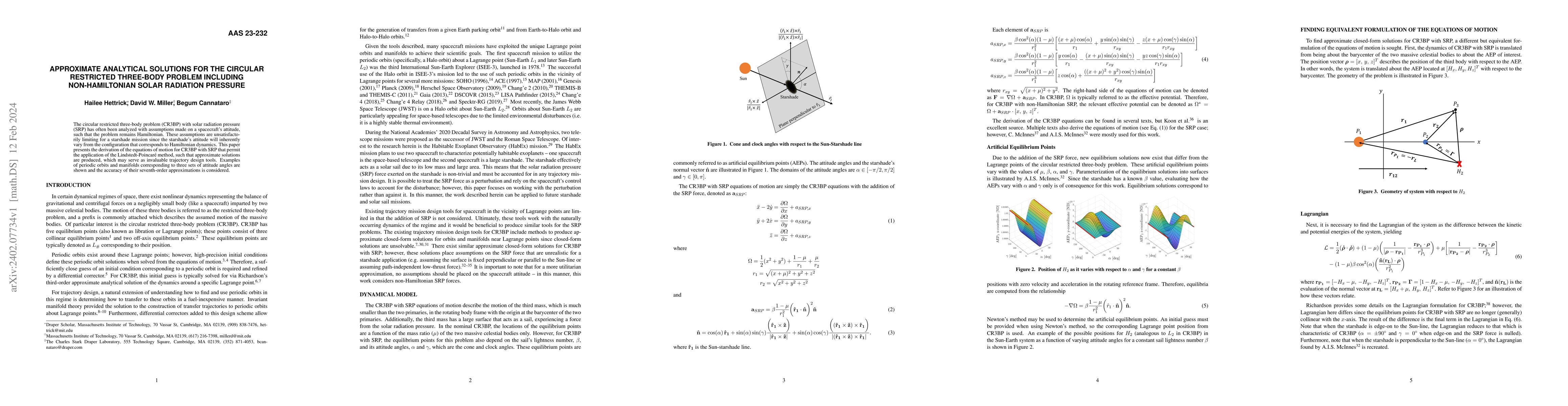 Thumbnail for Approximate Analytical Solutions for the Circular Restricted Three-Body
  Problem Including Non-Hamiltonian Solar Radiation Pressure