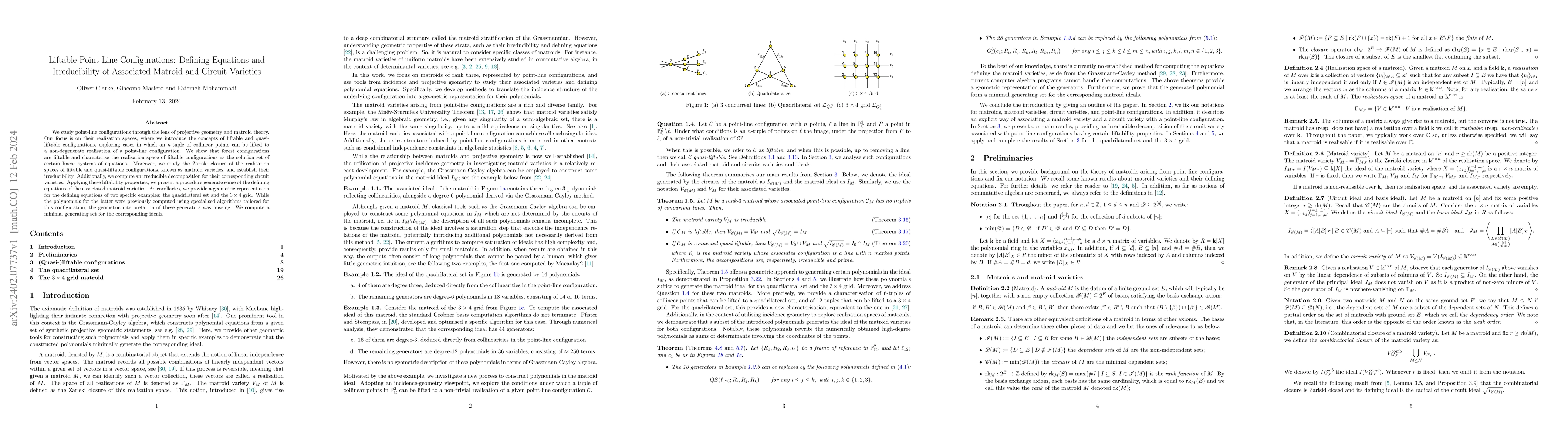 Thumbnail for Liftable Point-Line Configurations: Defining Equations and
  Irreducibility of Associated Matroid and Circuit Varieties