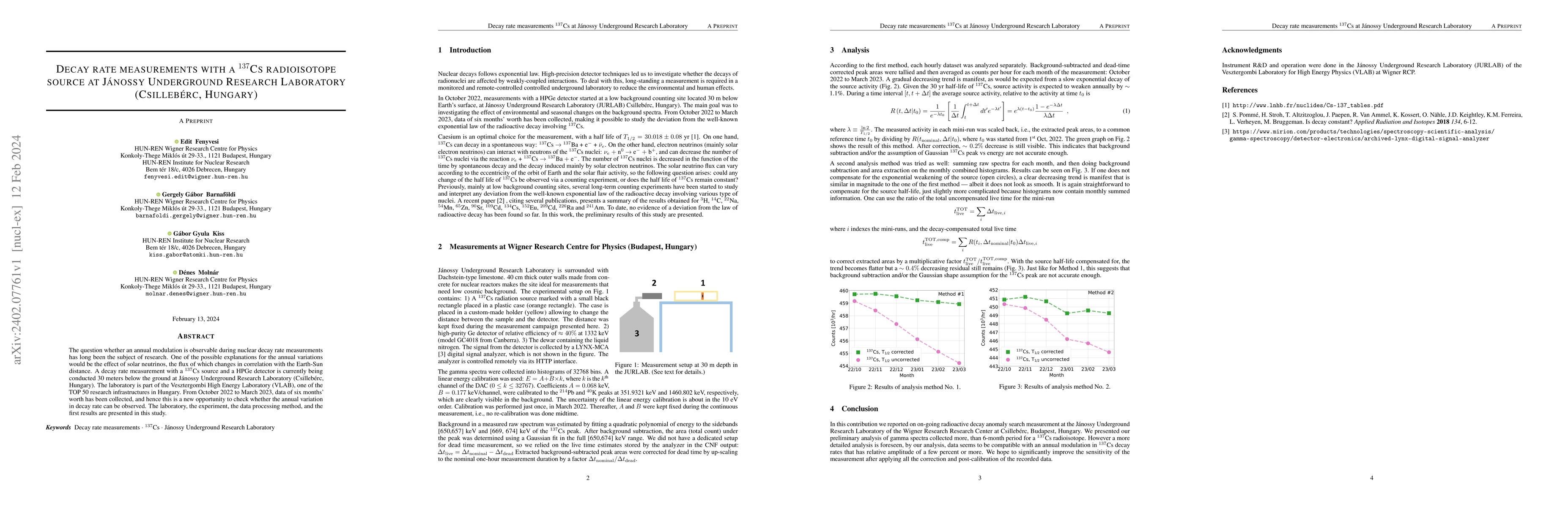Thumbnail for Decay rate measurements $^{137}$Cs at J\'anossy Underground Research
  Laboratory
