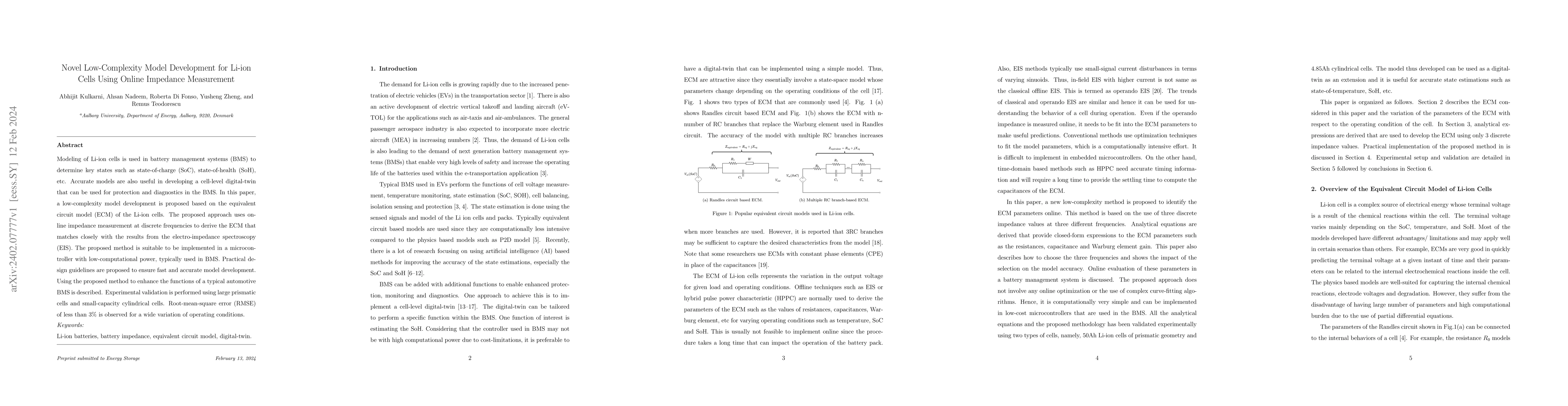 Thumbnail for Novel Low-Complexity Model Development for Li-ion Cells Using Online
  Impedance Measurement