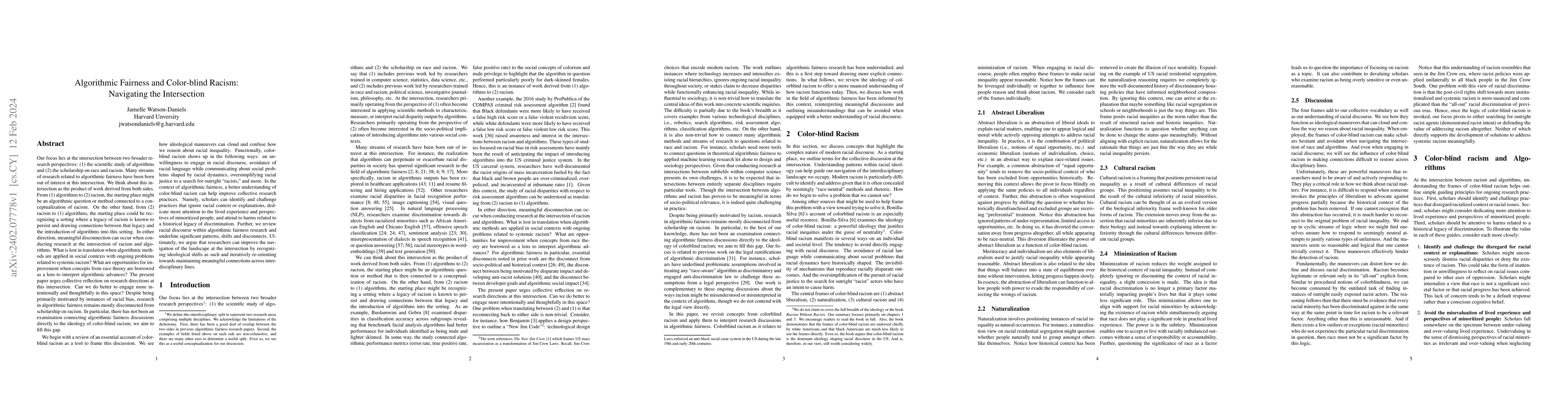 Thumbnail for Algorithmic Fairness and Color-blind Racism: Navigating the Intersection