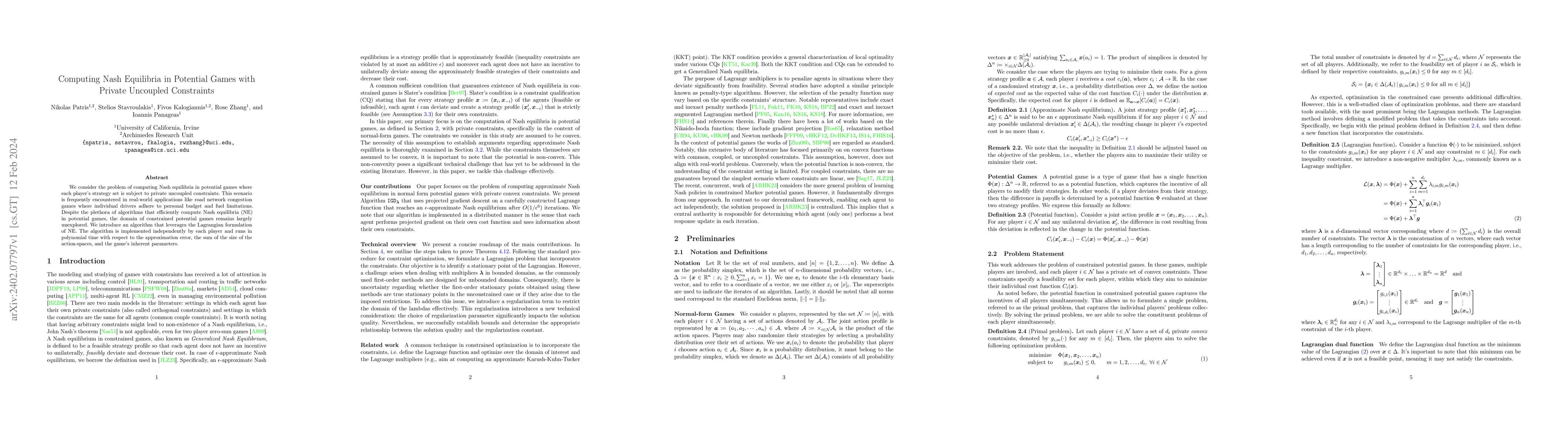 Thumbnail for Computing Nash Equilibria in Potential Games with Private Uncoupled
  Constraints