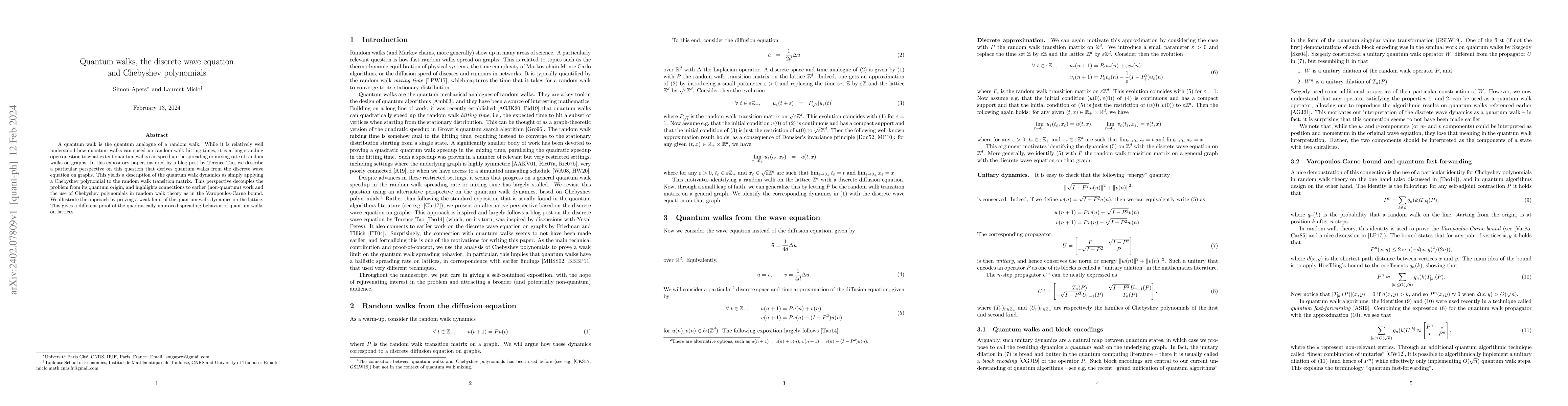 Thumbnail for Quantum walks, the discrete wave equation and Chebyshev polynomials