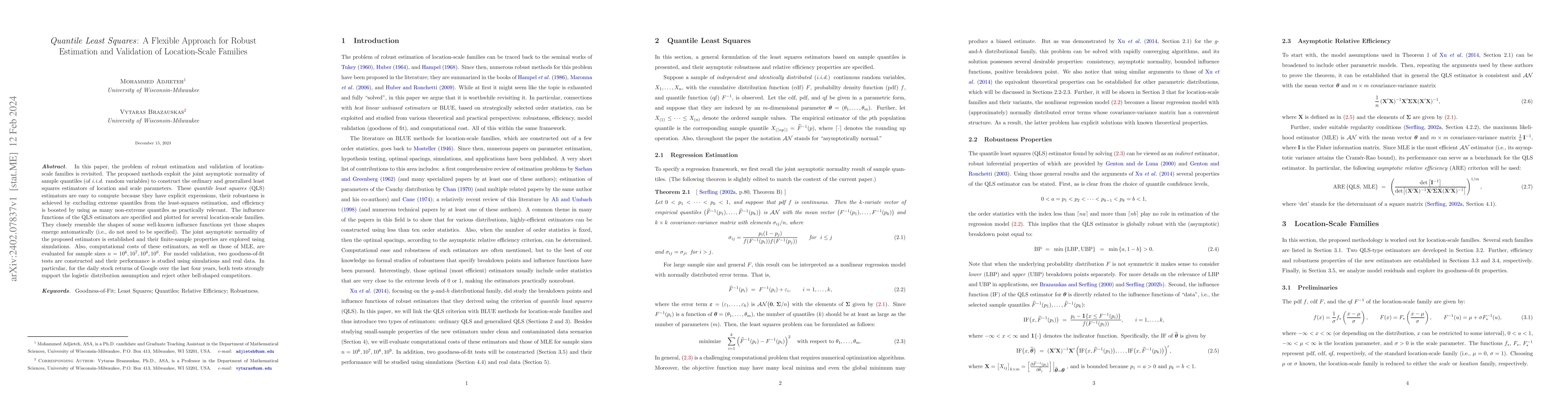 Thumbnail for Quantile Least Squares: A Flexible Approach for Robust Estimation and
  Validation of Location-Scale Families