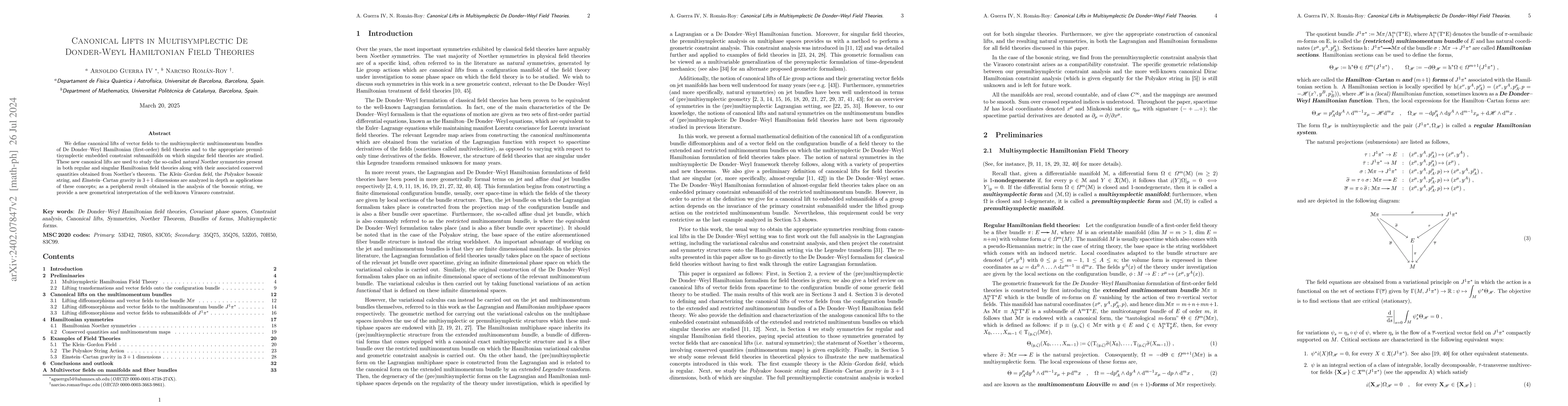 Thumbnail for Canonical Lifts in Multisymplectic De Donder-Weyl Hamiltonian Field
  Theories