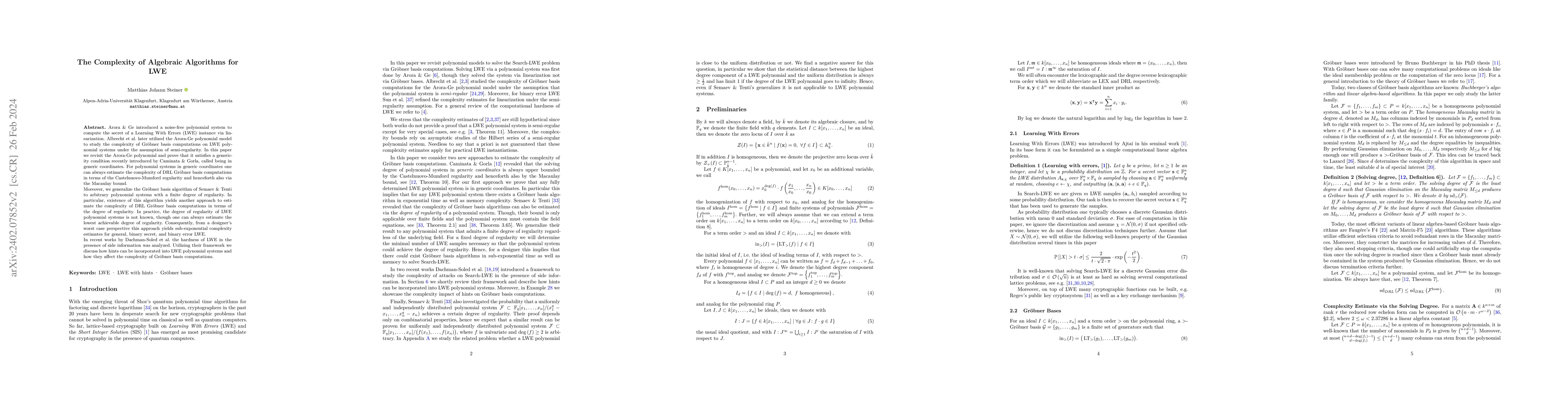 Thumbnail for The Complexity of Algebraic Algorithms for LWE