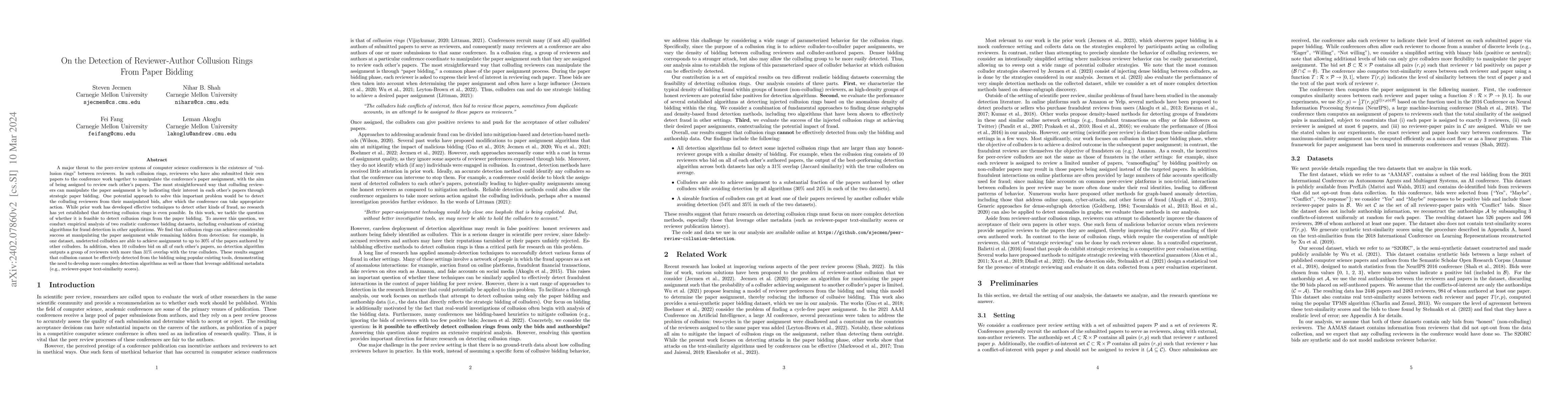 Thumbnail for On the Detection of Reviewer-Author Collusion Rings From Paper Bidding