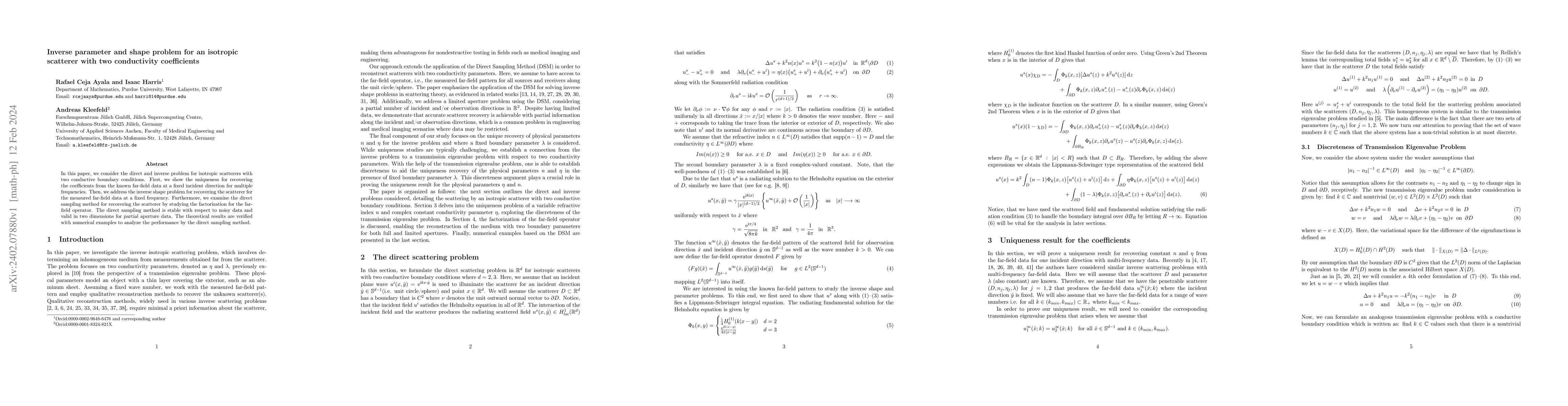 Thumbnail for Inverse parameter and shape problem for an isotropic scatterer with two
  conductivity coefficients