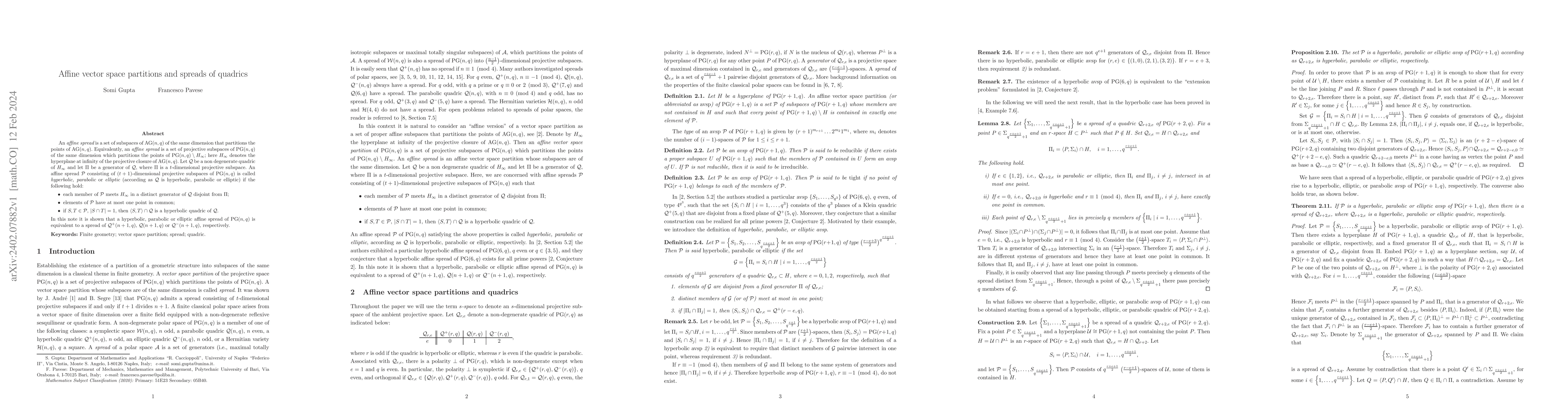 Thumbnail for Affine vector space partitions and spreads of quadrics