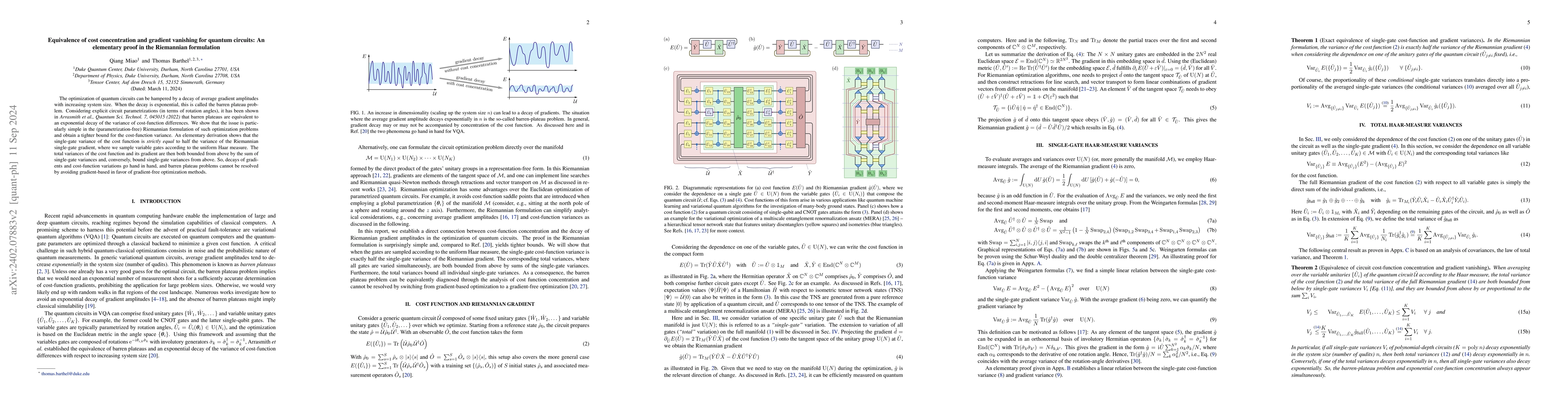 Thumbnail for Equivalence of cost concentration and gradient vanishing for quantum
  circuits: an elementary proof in the Riemannian formulation