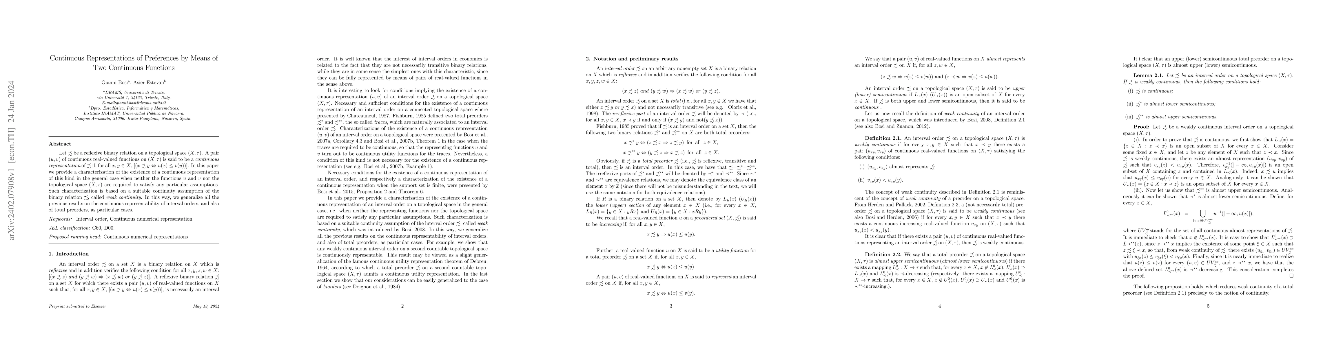Thumbnail for Continuous Representations of Preferences by Means of Two Continuous
  Functions