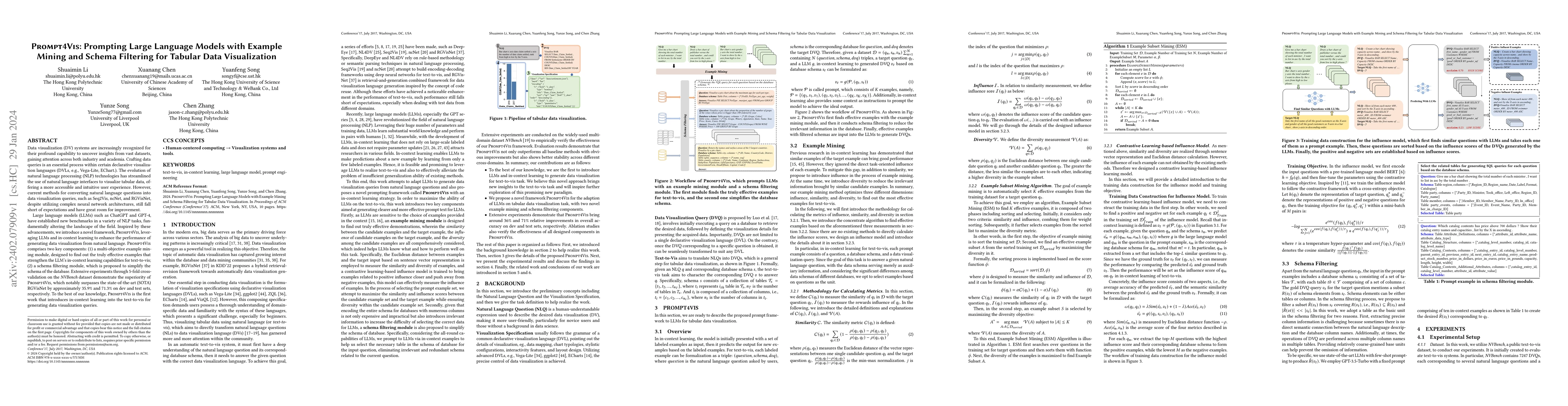 Thumbnail for Prompt4Vis: Prompting Large Language Models with Example Mining and
  Schema Filtering for Tabular Data Visualization