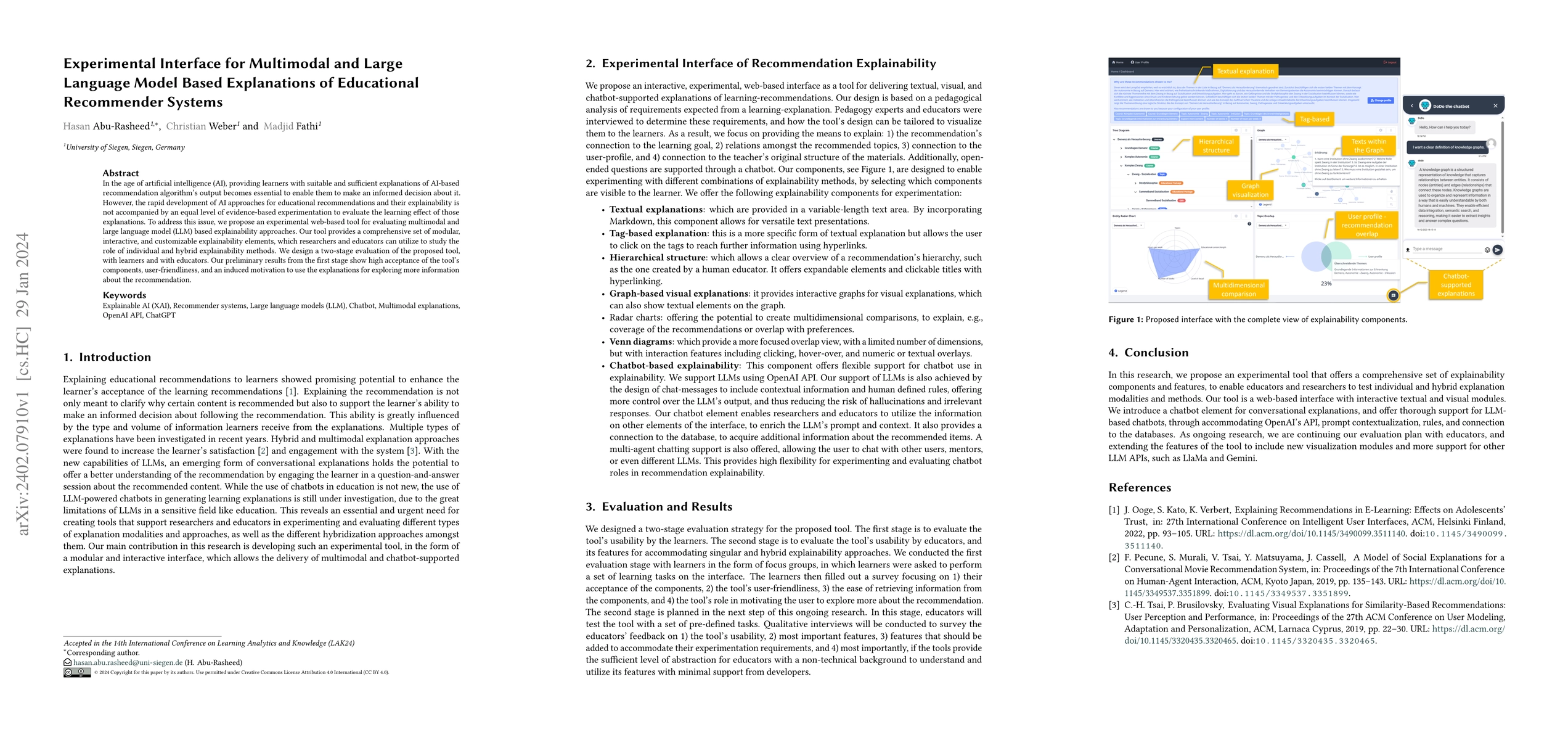 Thumbnail for Experimental Interface for Multimodal and Large Language Model Based
  Explanations of Educational Recommender Systems