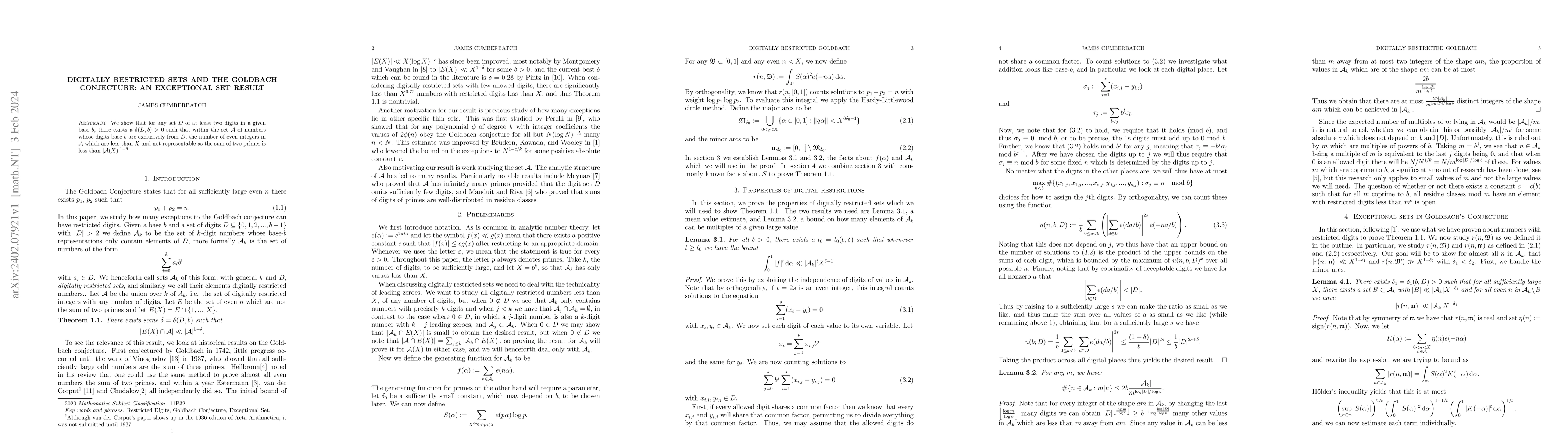 Thumbnail for Digitally Restricted Sets and the Goldbach Conjecture: An Exceptional
  Set Result