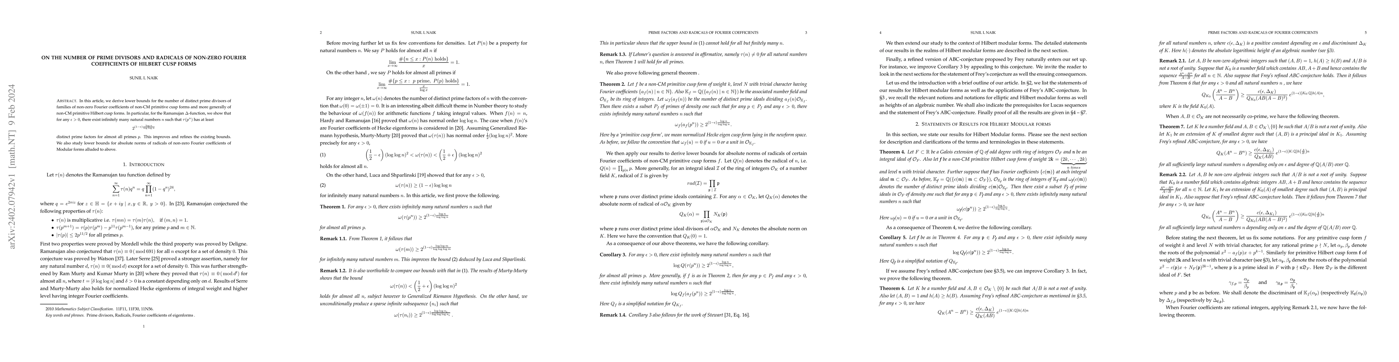 Thumbnail for On the number of prime divisors and radicals of non-zero Fourier
  coefficients of Hilbert cusp forms