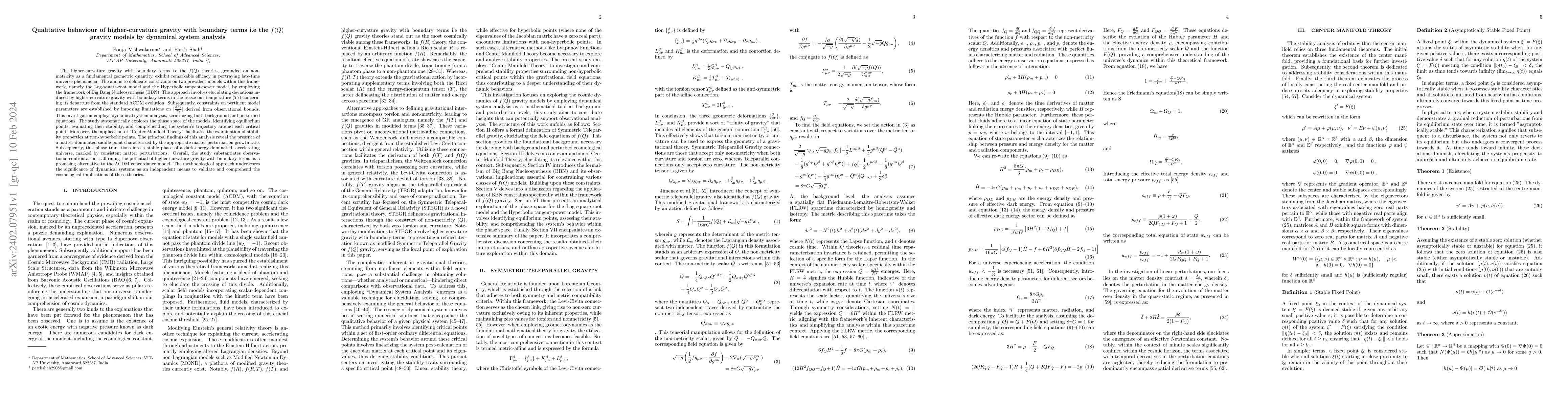 Thumbnail for Qualitative behaviour of higher-curvature gravity with boundary terms
  i.e the f(Q) gravity models by dynamical system analysis