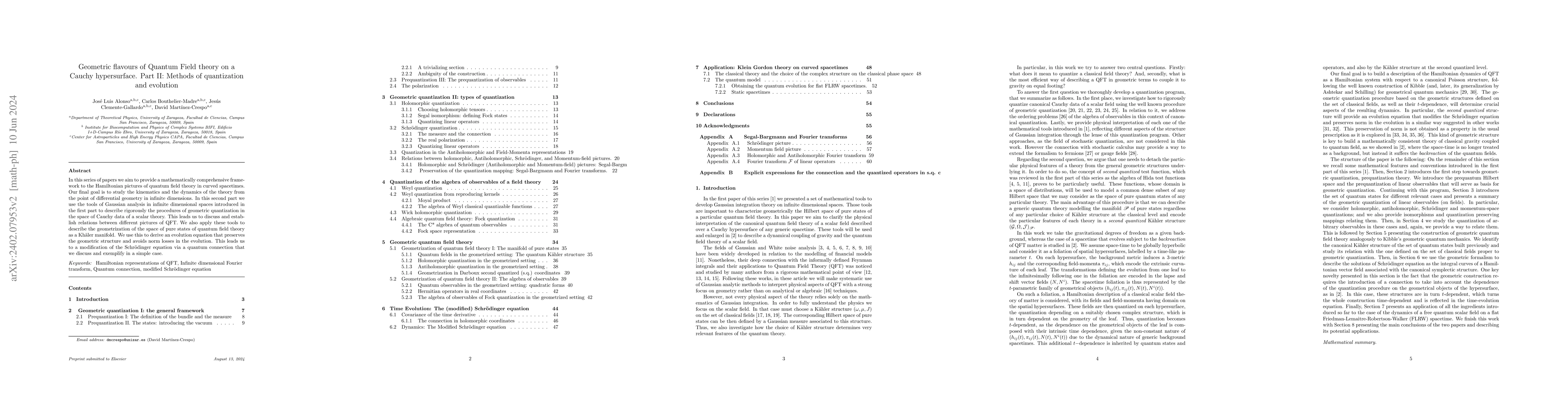 Thumbnail for Geometric flavours of Quantum Field theory on a Cauchy hypersurface.
  Part II: Methods of quantization and evolution