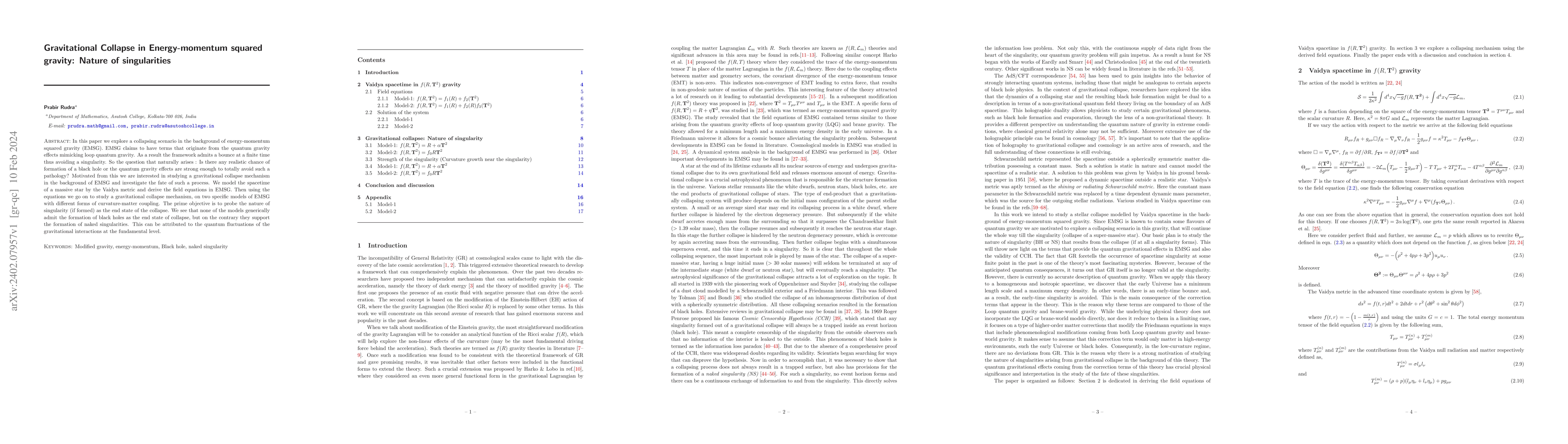 Thumbnail for Gravitational Collapse in Energy-momentum squared gravity: Nature of
  singularities
