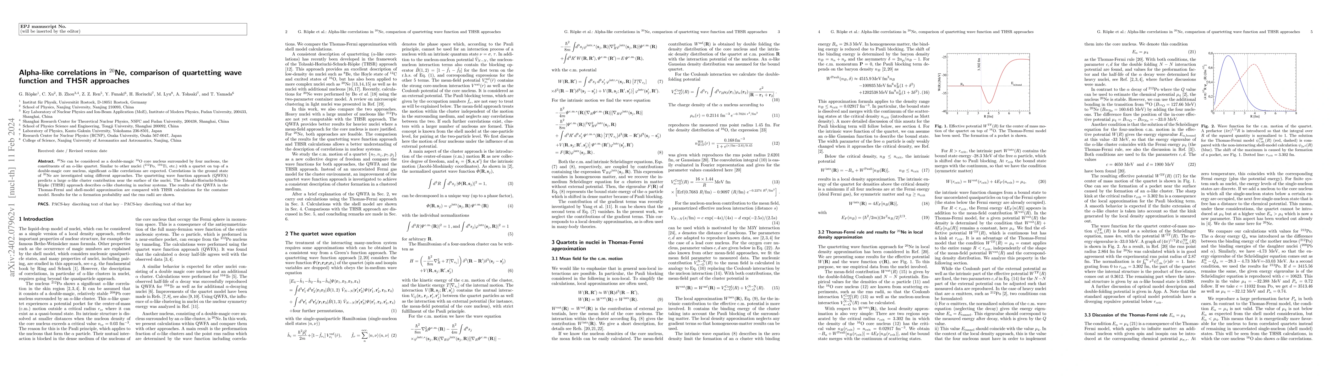 Thumbnail for Alpha-like correlations in $^{20}$Ne, comparison of quartetting wave
  function and THSR approaches