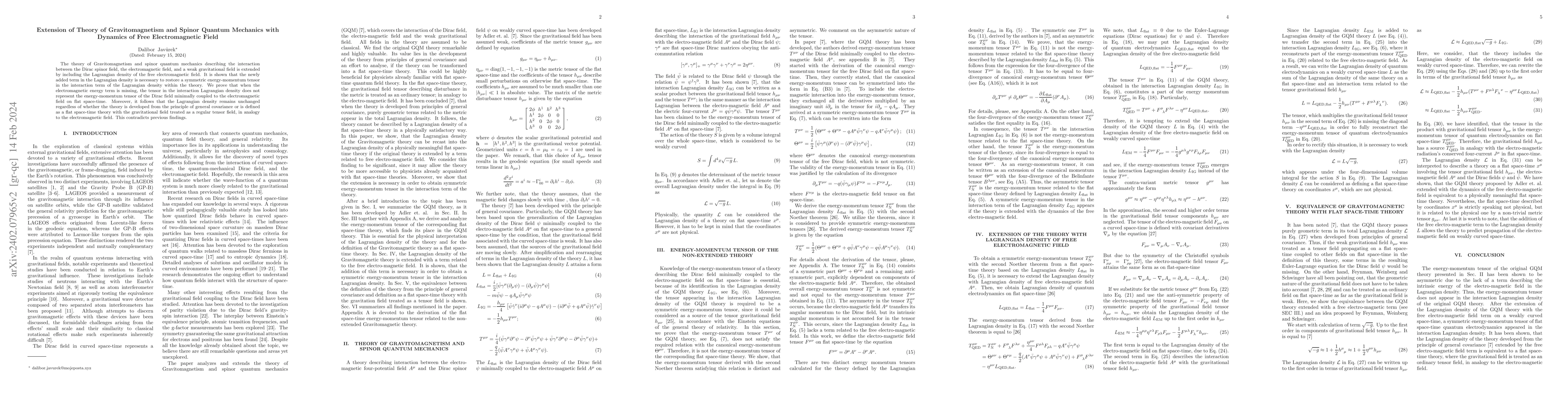 Thumbnail for Extension of Theory of Gravitomagnetism and Spinor Quantum Mechanics
  with Dynamics of Free Electromagnetic Field