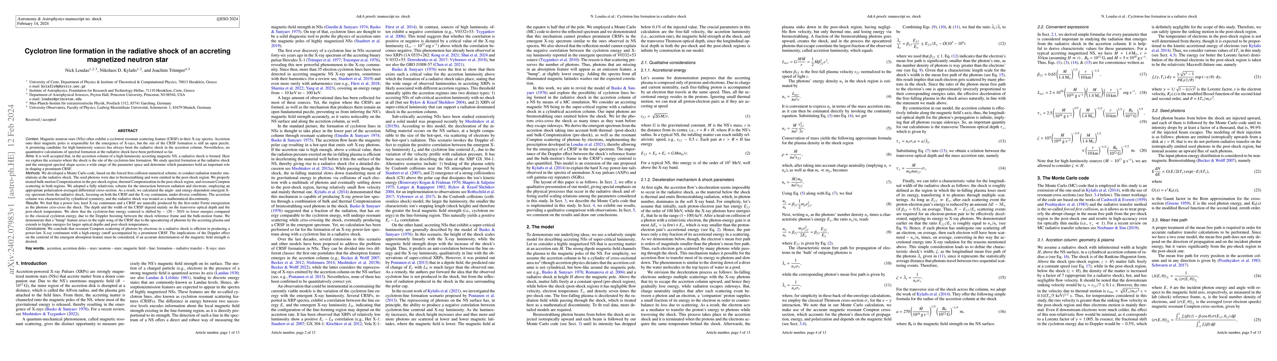 Thumbnail for Cyclotron line formation in the radiative shock of an accreting
  magnetized neutron star