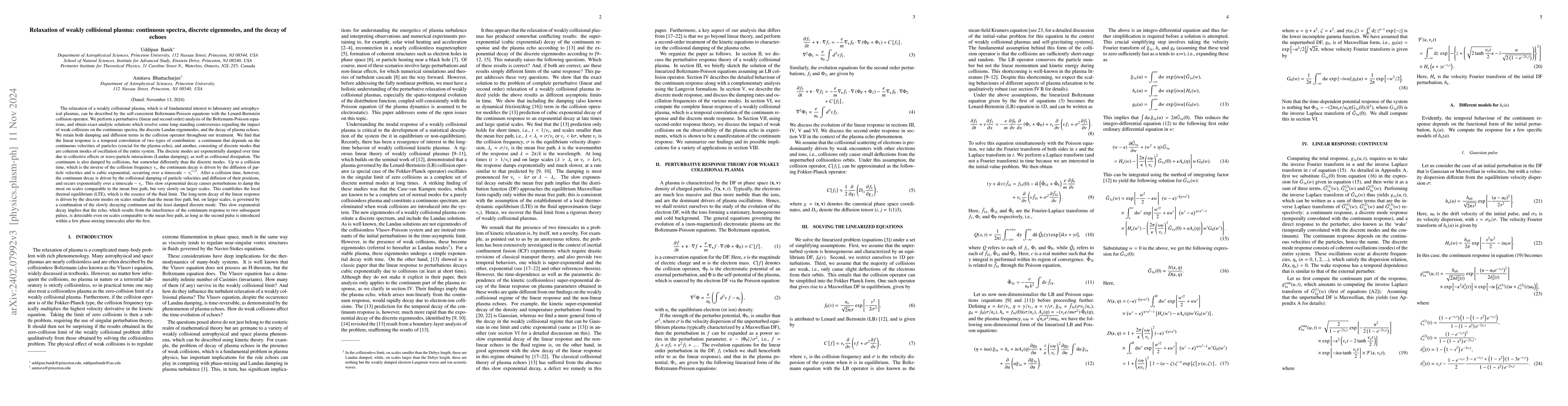 Thumbnail for Relaxation of weakly collisional plasma: continuous spectra, Landau
  eigenmodes, and transition from the collisionless to the fluid limit
