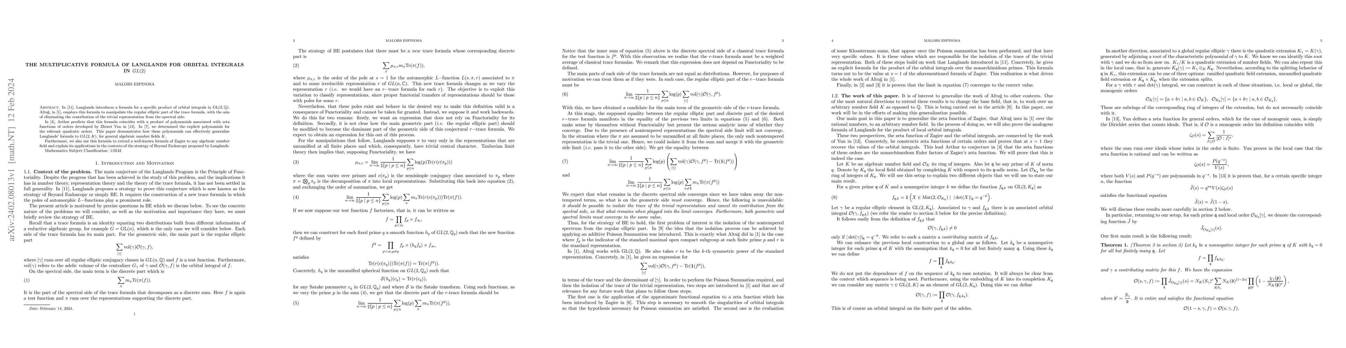 Thumbnail for The Multiplicative Formula of Langlands for Orbital Integrals in GL(2)