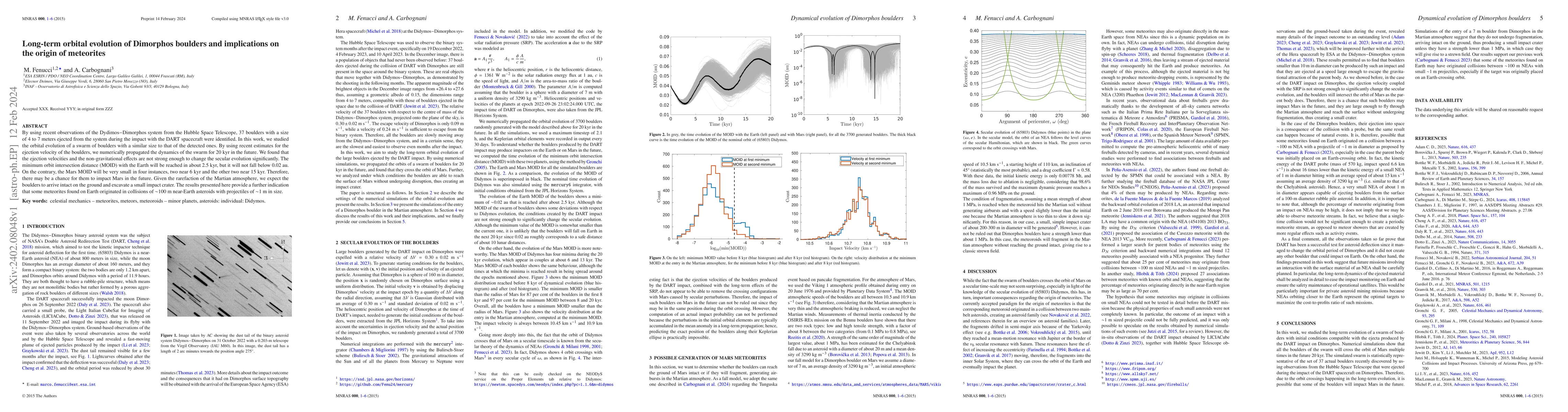 Thumbnail for Long-term orbital evolution of Dimorphos boulders and implications on
  the origin of meteorites