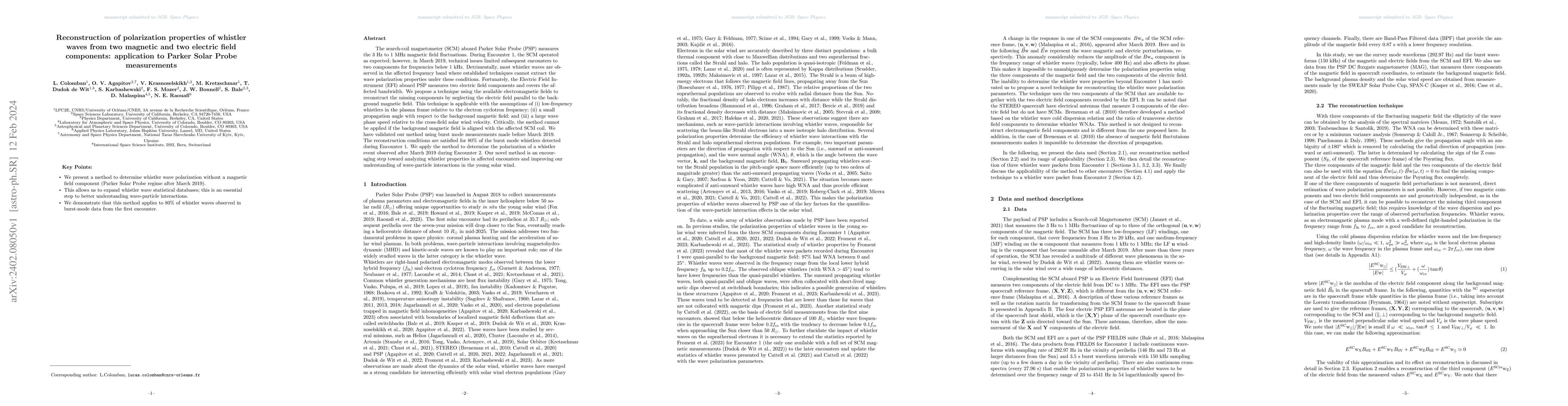 Thumbnail for Reconstruction of Polarization Properties of Whistler Waves From Two
  Magnetic and Two Electric Field Components: Application to Parker Solar Probe
  Measurements
