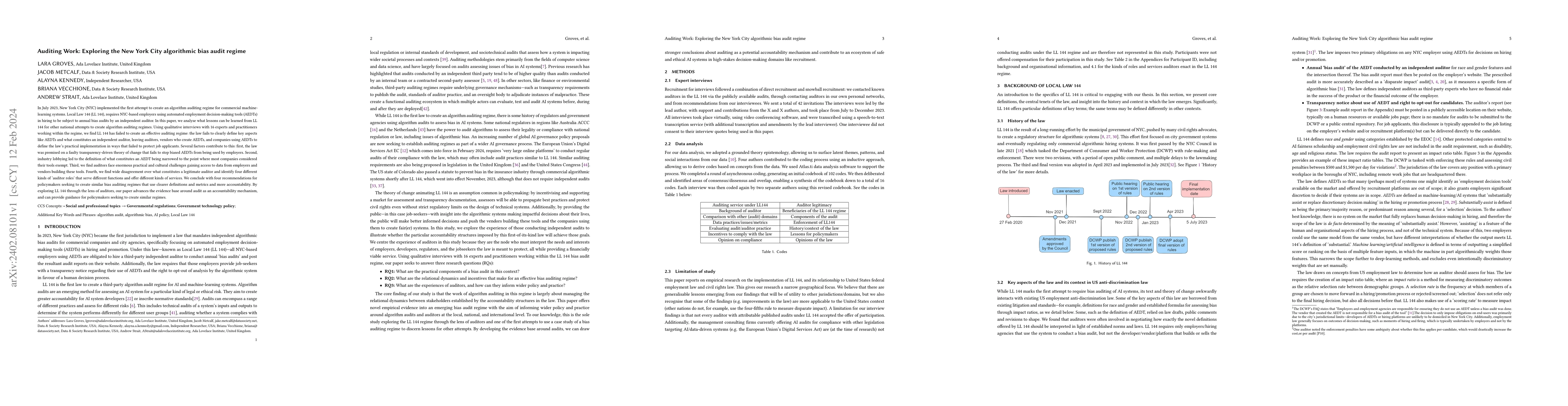 Thumbnail for Auditing Work: Exploring the New York City algorithmic bias audit regime