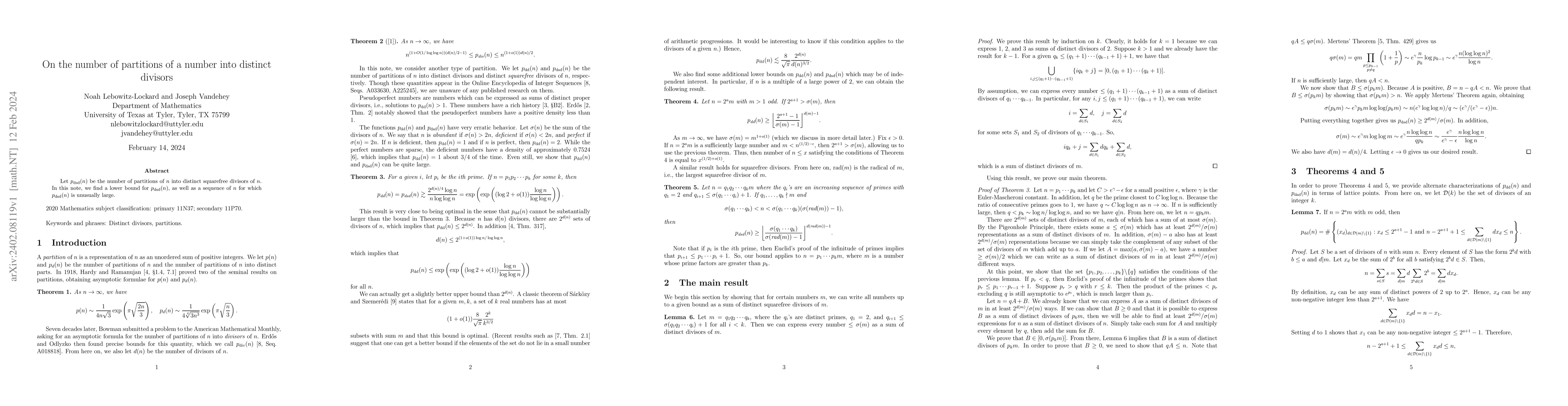 Thumbnail for On the number of partitions of a number into distinct divisors