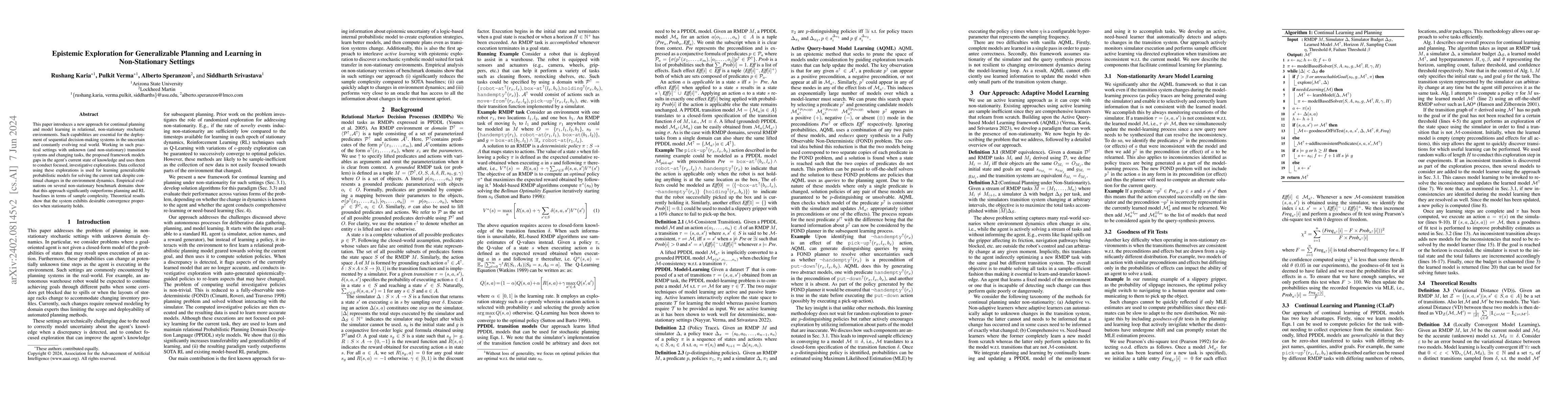 Thumbnail for Epistemic Exploration for Generalizable Planning and Learning in
  Non-Stationary Settings