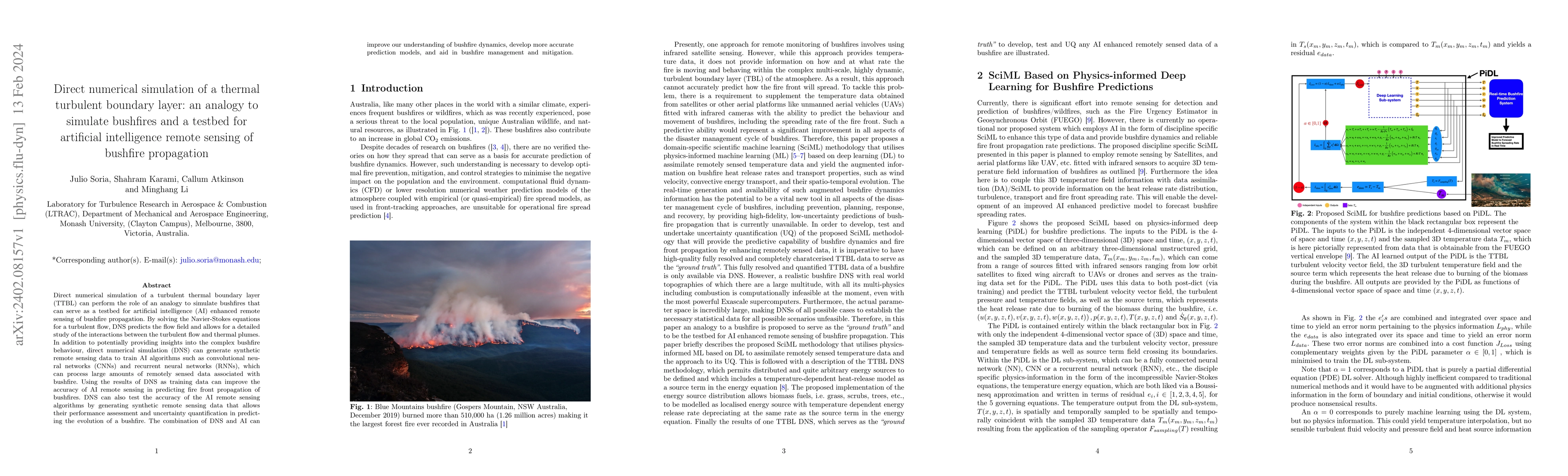 Thumbnail for Direct numerical simulation of a thermal turbulent boundary layer: an
  analogy to simulate bushfires and a testbed for artificial intelligence
  remote sensing of bushfire propagation