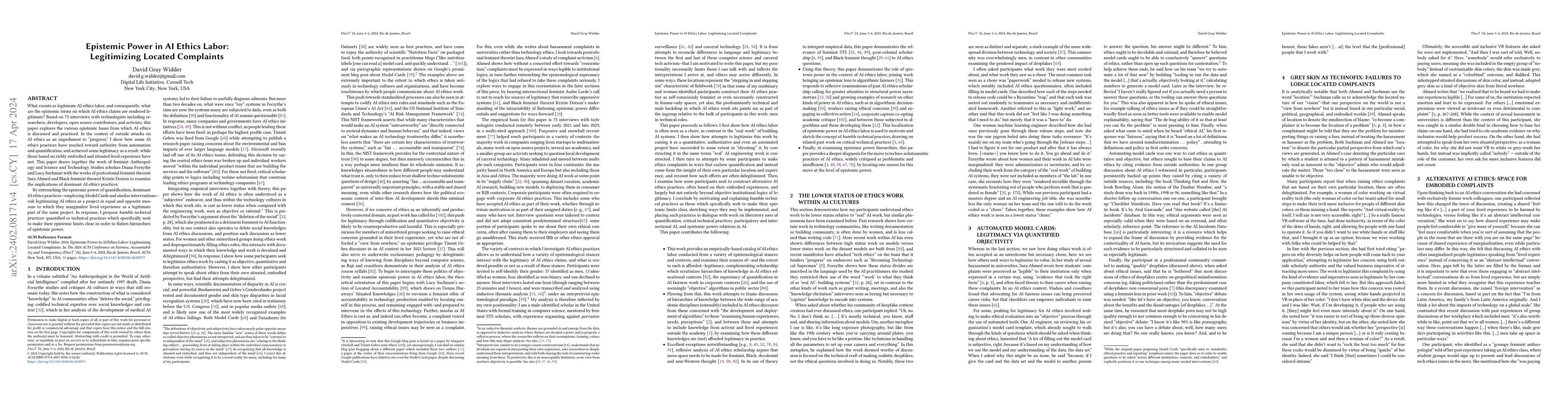 Thumbnail for Epistemic Power in AI Ethics Labor: Legitimizing Located Complaints