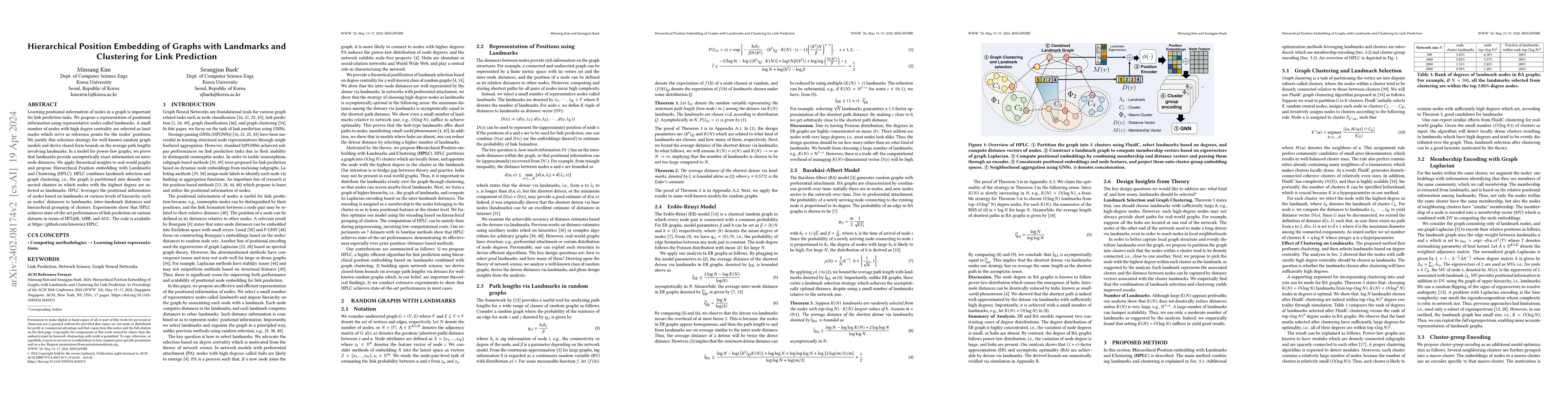 Thumbnail for Hierarchical Position Embedding of Graphs with Landmarks and Clustering
  for Link Prediction