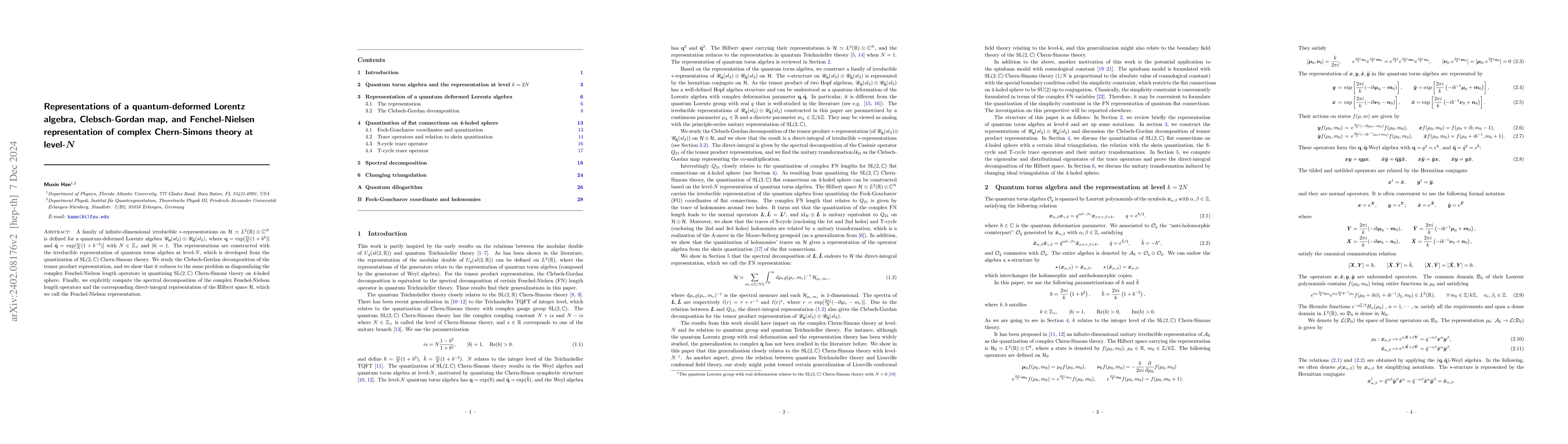 Thumbnail for Representations of a quantum-deformed Lorentz algebra, Clebsch-Gordan
  map, and Fenchel-Nielsen representation of quantum complex flat connections
  at level-$k$