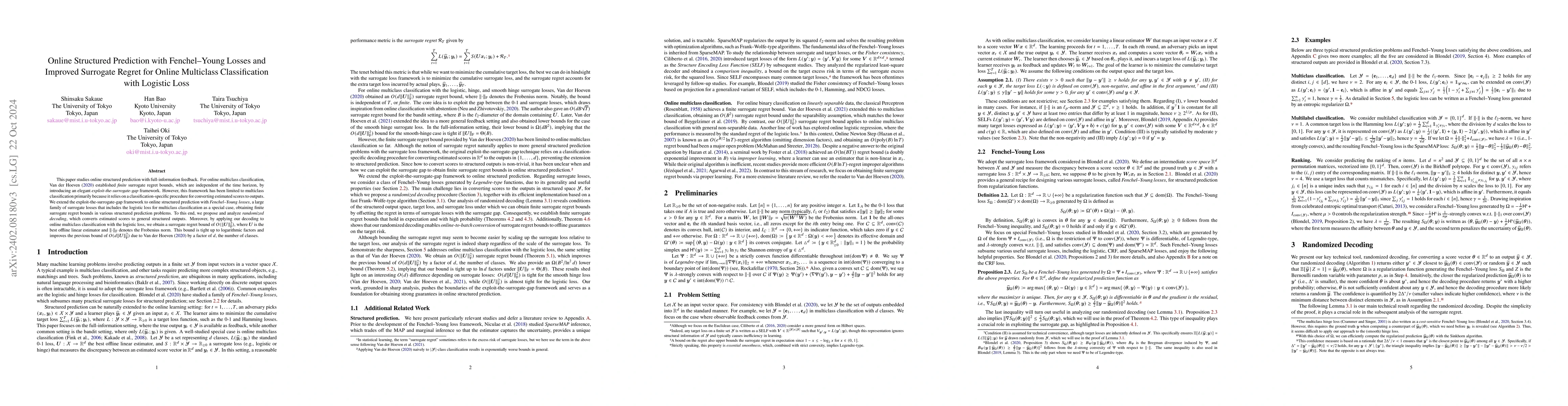 Thumbnail for Online Structured Prediction with Fenchel--Young Losses and Improved
  Surrogate Regret for Online Multiclass Classification with Logistic Loss
