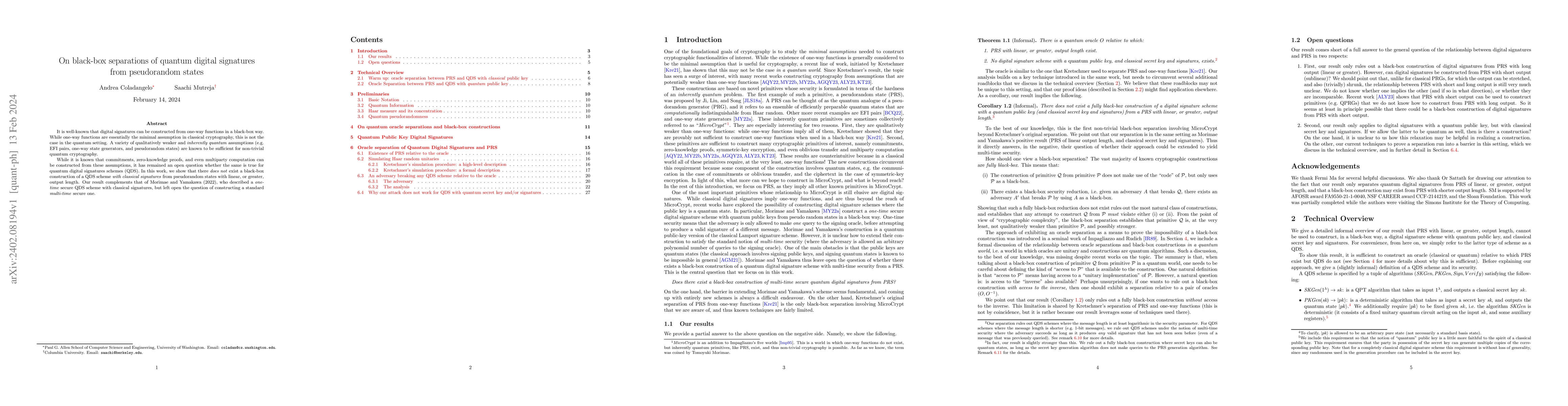 Thumbnail for On black-box separations of quantum digital signatures from pseudorandom
  states