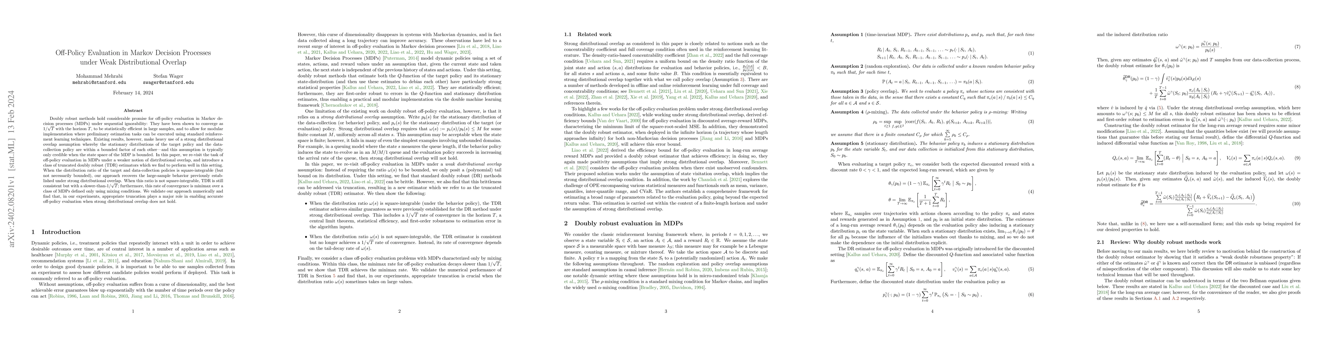 Thumbnail for Off-Policy Evaluation in Markov Decision Processes under Weak
  Distributional Overlap