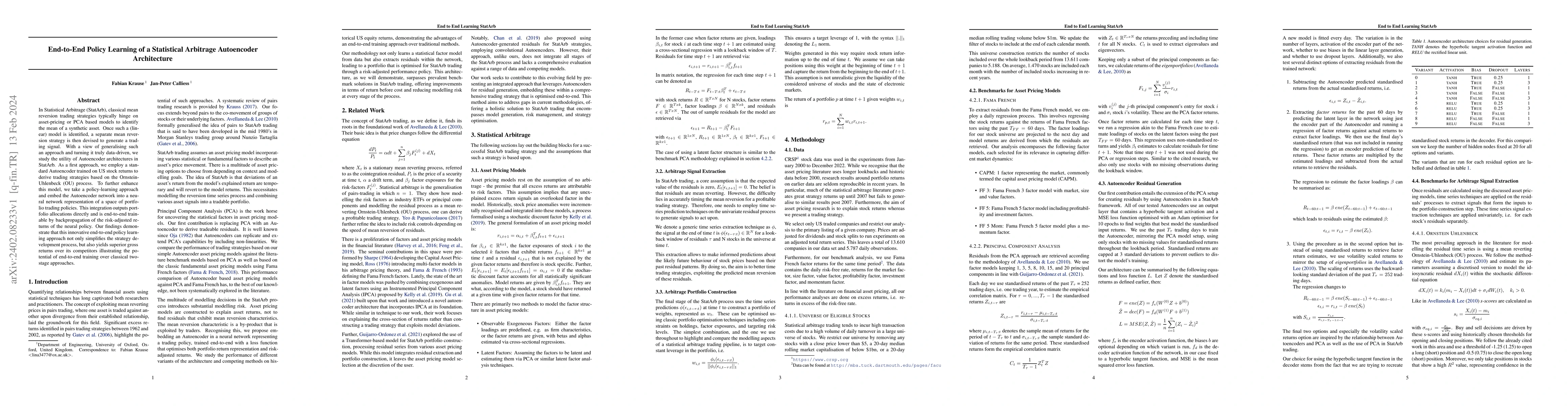 Thumbnail for End-to-End Policy Learning of a Statistical Arbitrage Autoencoder
  Architecture