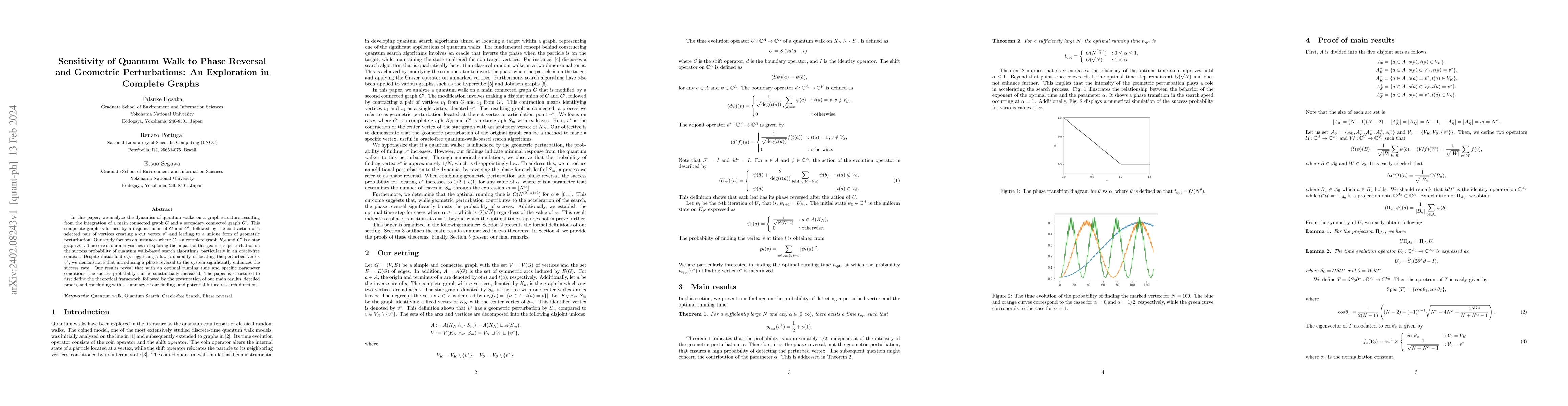 Thumbnail for Sensitivity of quantum walk to phase reversal and geometric
  perturbations: an exploration in complete graphs